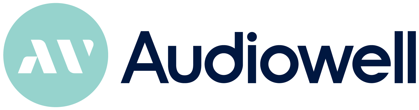 Audiowells mintgröna symbol och vita logotyp